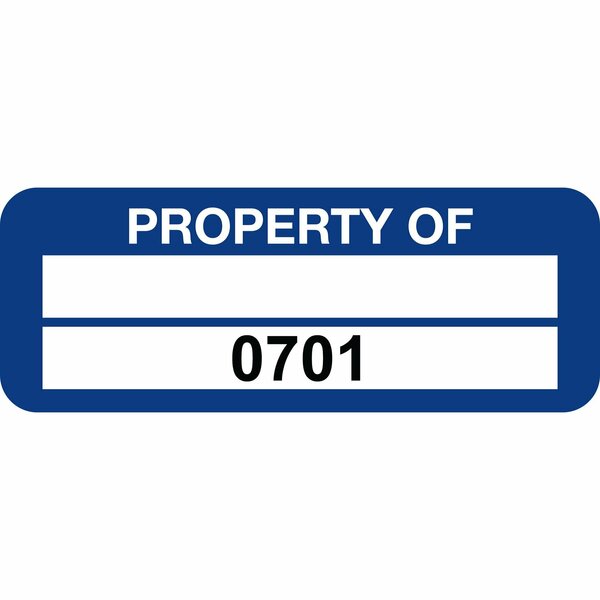 Lustre-Cal PROPERTY OF Label, Polyester Dark Blue 2in x 0.75in  1 Blank Pad & Serialized 0701-0800, 100PK 253744Pe2Bd0701